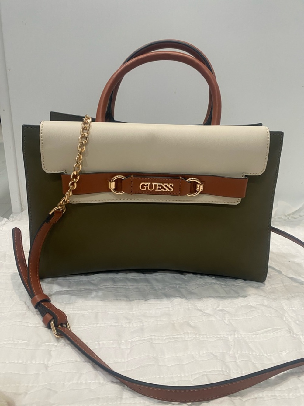 GUESS Olive, Cream & Brown Structured Top-Handle Satchel